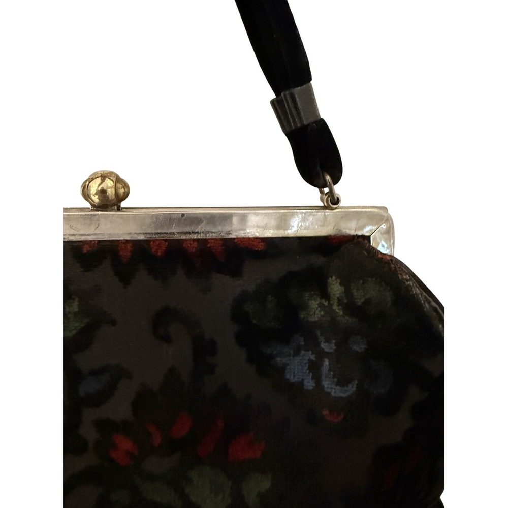 Vintage Floral Velvet Burnout Frame Bag Kiss Lock Top Handle Purse Retro 50s 60s - Picture 3 of 9
